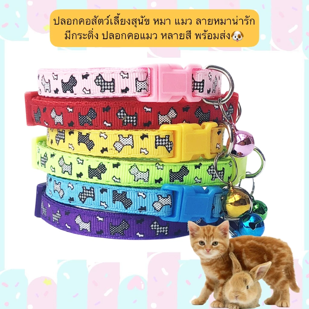 PP-558 ปลอกคอสัตว์เลี้ยงลายหมาน่ารัก มีกระดิ่ง สำหรับสุนัข หมา แมว ปรับขนาดได้ หลายสี พร้อมส่ง!🐶