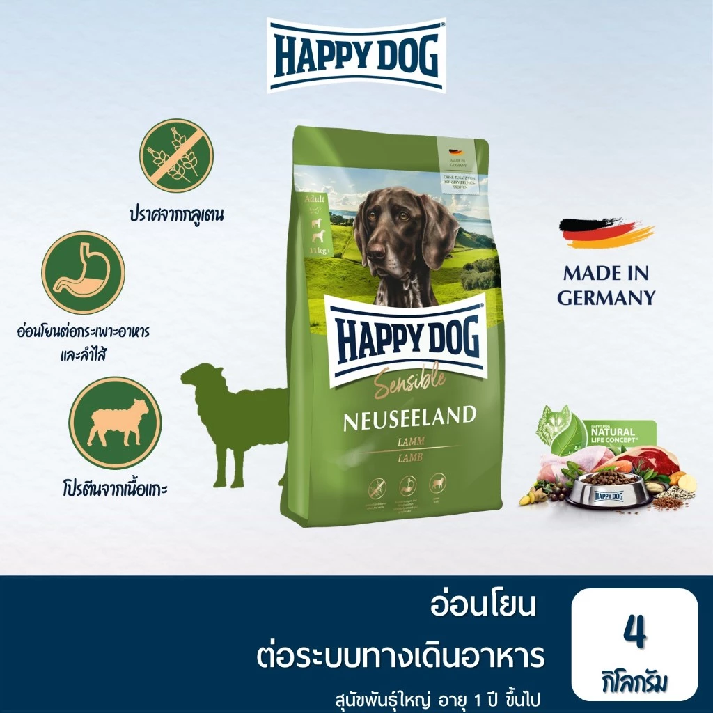 HAPPY DOG Sensible Neuseeland อาหารเม็ดสุนัขโตพันธุ์กลาง-ใหญ่ เนื้อแกะ 4 Kg สูตรพรีเมียม กลูเตนฟรี