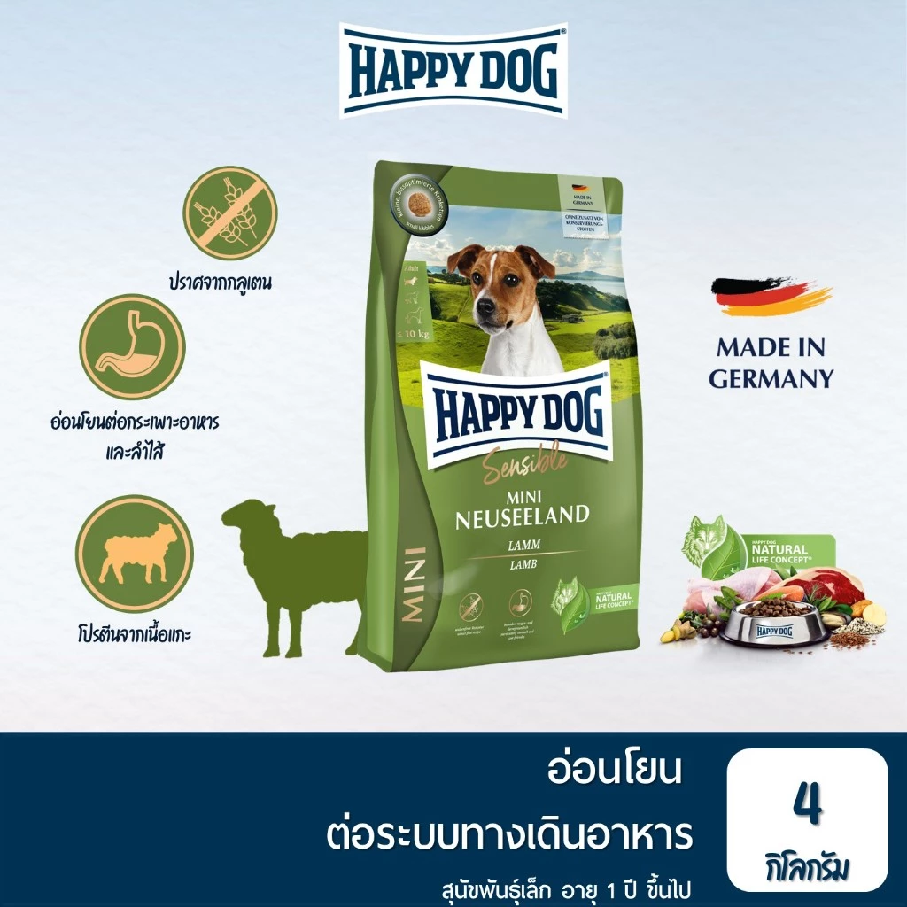 HAPPY DOG Mini Neuseeland สูตรสุนัขโตพันธุ์เล็ก เนื้อแกะ 4 Kg