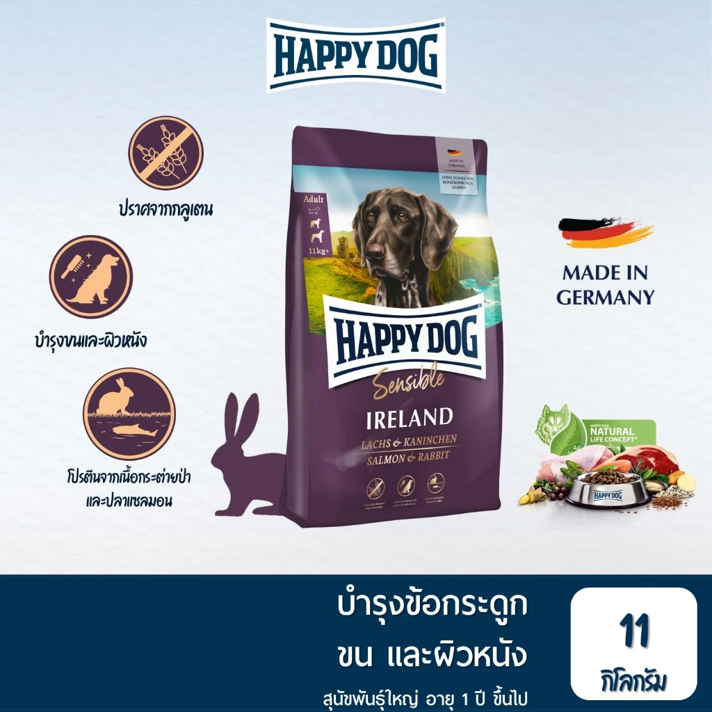 HAPPY DOG Sensible Ireland แฮปปี้ ด็อก อาหารสุนัขโต สูตรเนื้อกระต่ายป่าและปลาแซลมอน 11 Kg