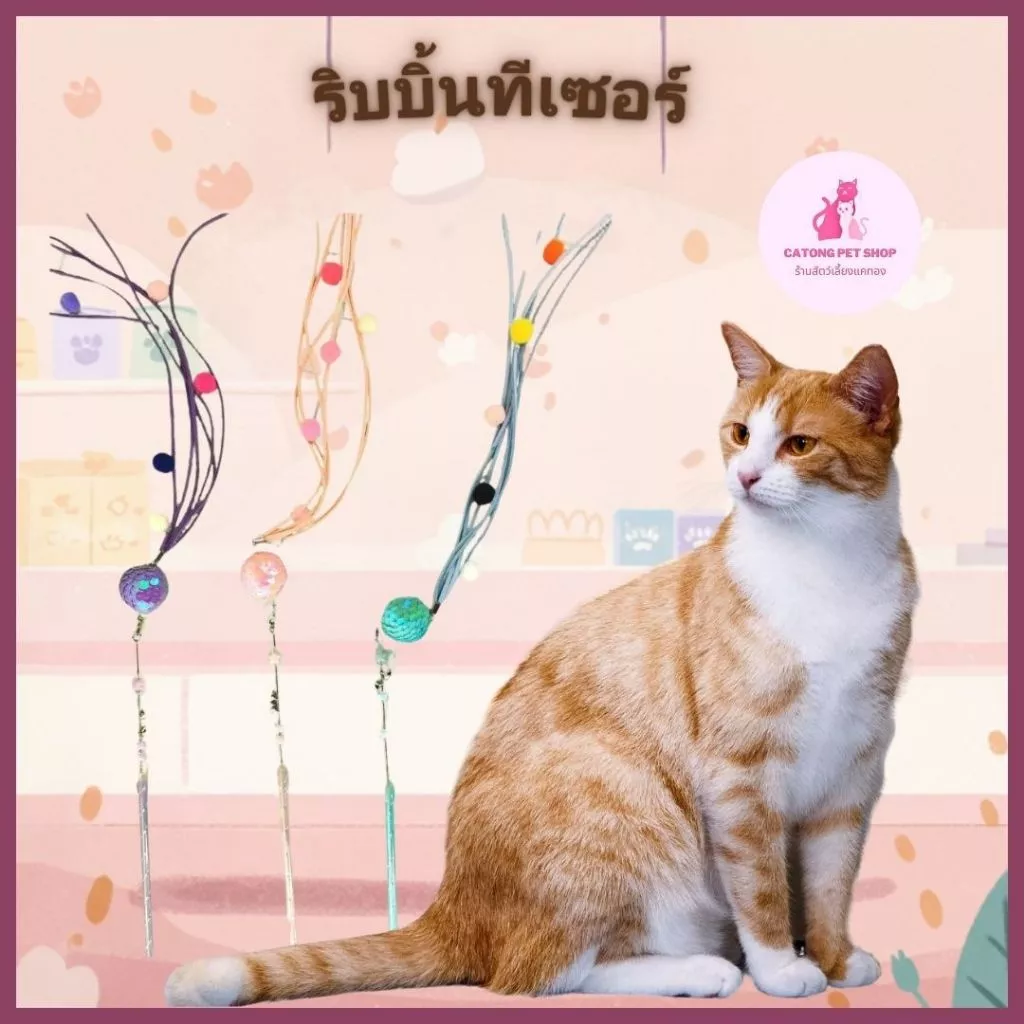 "ไม้ตกแมว ไม้ล่อแมว รุ่นปอมปอม มีกระดิ่ง ไม้แมว ของเล่นแมว พู่แมว ของเล่นฝึกแมว ของเล่นฝึกแมว