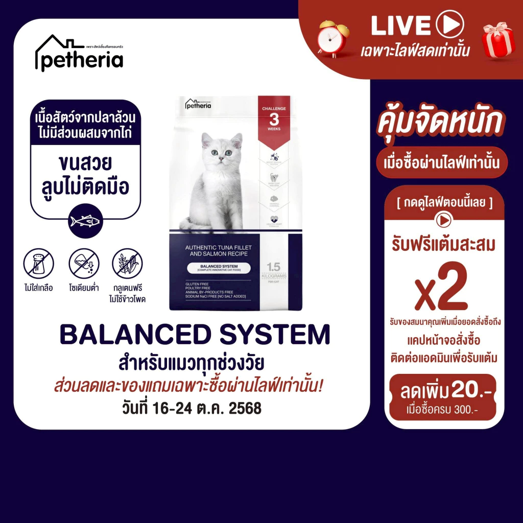 petheria Innovation Cat Food [BALANCED SYSTEM] [No Corn & Gluten Free] [แมวทุกช่วงวัย] 1.5 KG [ BS ]