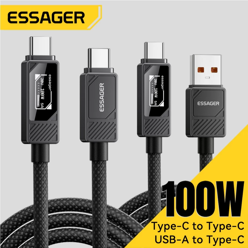 Essager 100W A/C-C  สายเคเบิลข้อมูลจอแสดงผลดิจิทัลที่เข้ากันได้อย่างสมบูรณ์พร้อมหัวเข็มขัดวิเศษเพื่อการจัดเก็บที่ง่ายดาย