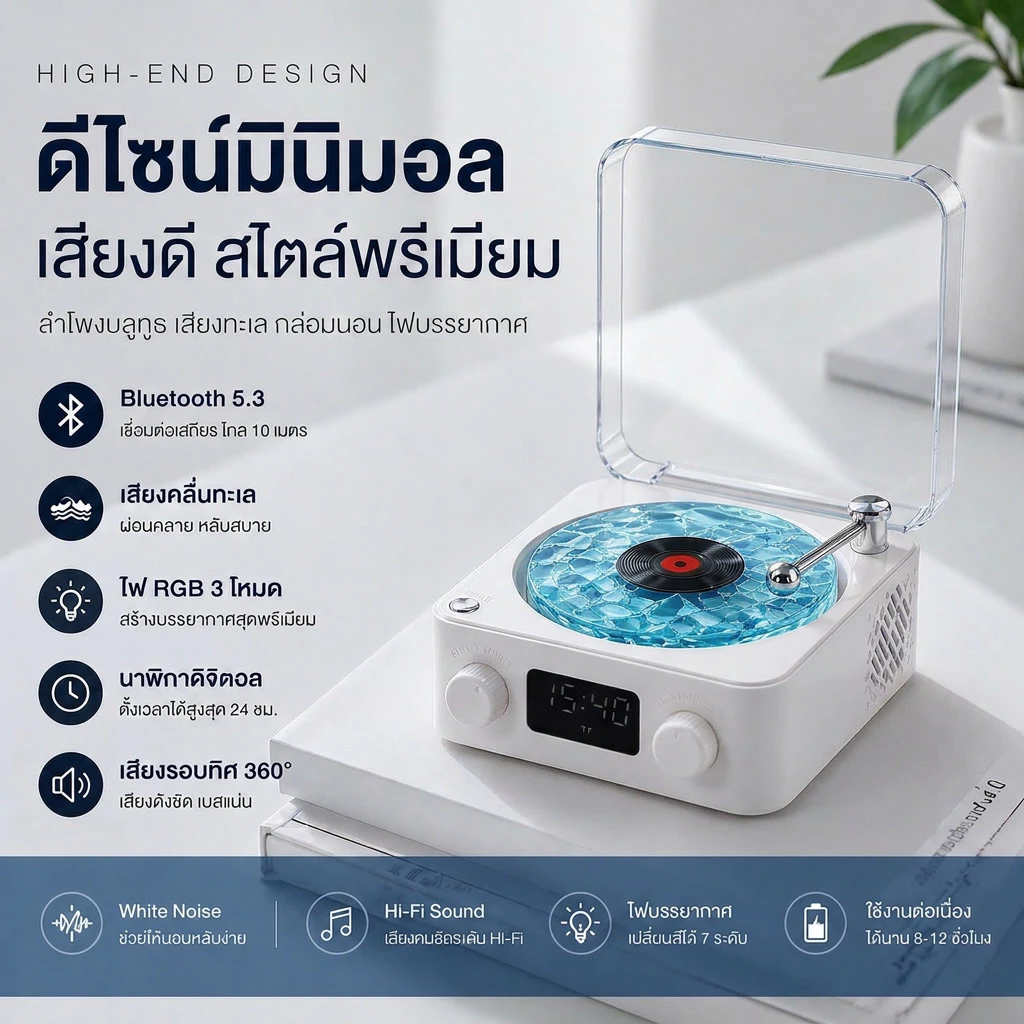ลำโพงบลูทูธเสียงคลื่นทะเล ของขวัญสุดฮิต ไฟ RGB 3 โหมด White Noise ช่วยนอนหลับ แต่งห้องมินิมอล — ของมงคลหมวดไลฟ์สไตล์และของขวัญ
