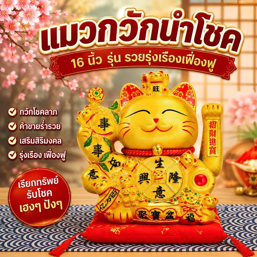 แมวกวักนำโชค เซรามิก 16" สีทองมงคล กวักเรียกลูกค้า โชคลาภ เงินทอง และความเจริญรุ่งเรืองมั่งคั่ง — ของมงคลหมวดการเงินและโชคลาภ