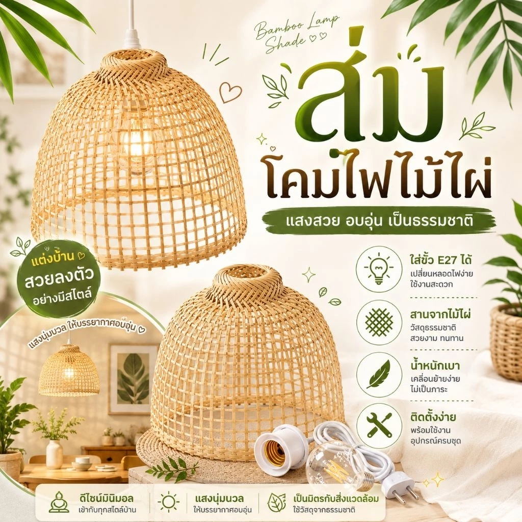 สุ่มโคมไฟสาน ใช้งานกับขั้วE27 เคลือบเงาแล้วทุกชิ้น (ออกบิลกำกับภาษีได้) โคมไฟแต่งบ้าน โคมไฟมินิมอล โคมไฟแขวน โคมไฟสาน — ของมงคลหมวดบ้านและฮวงจุ้ย