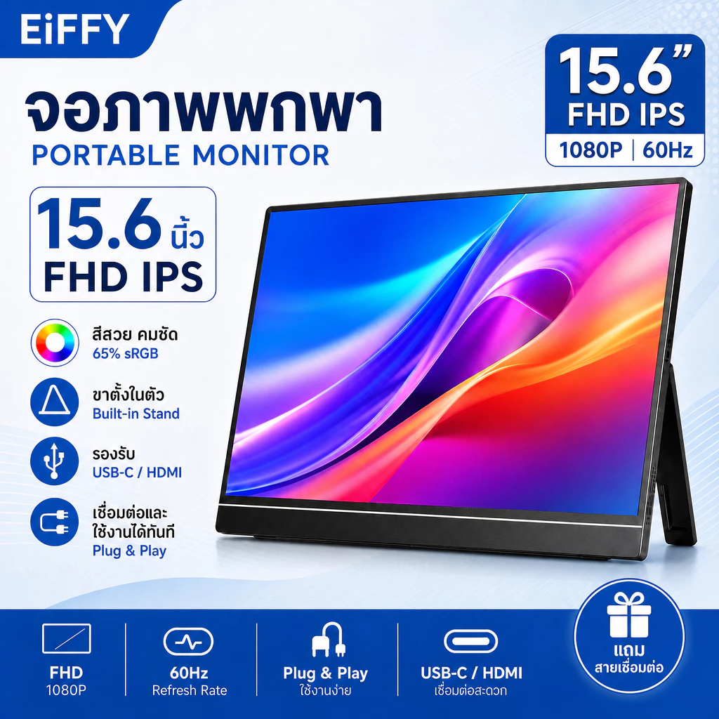 จอพกพา Portable Monitor จอมอนิเตอร์พกพา 15.6 นิ้ว FHD 1080P IPS 60Hz USB-C Mini HDMI ขาตั้งในตัว