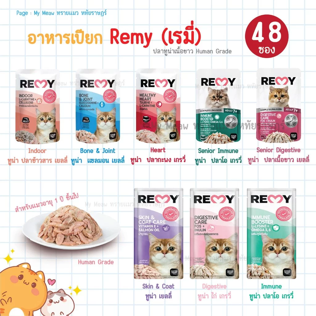 [ยกลัง 48 ซอง] Remy Cat อาหารเปียกแมว เรมี่ ไม่เติมเกลือ ขนาด 70 g. เนื้อปลาทูน่า สูตรดูแลสุขภาพ