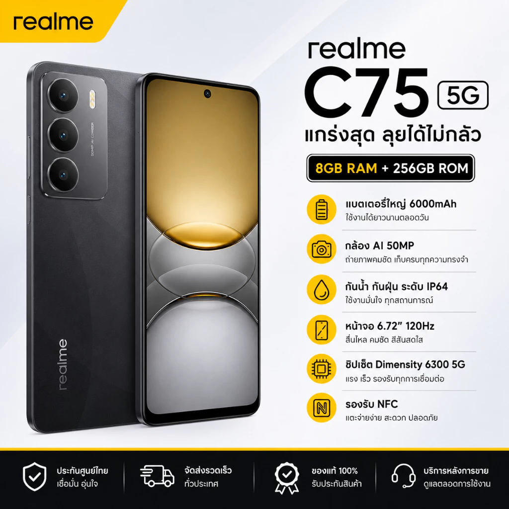 realme C75 โทรศัพท์มือถือ (8GB RAM + 256GB ROM) 6.72 Inch Display 6000 mAh อุปกรณ์แท้