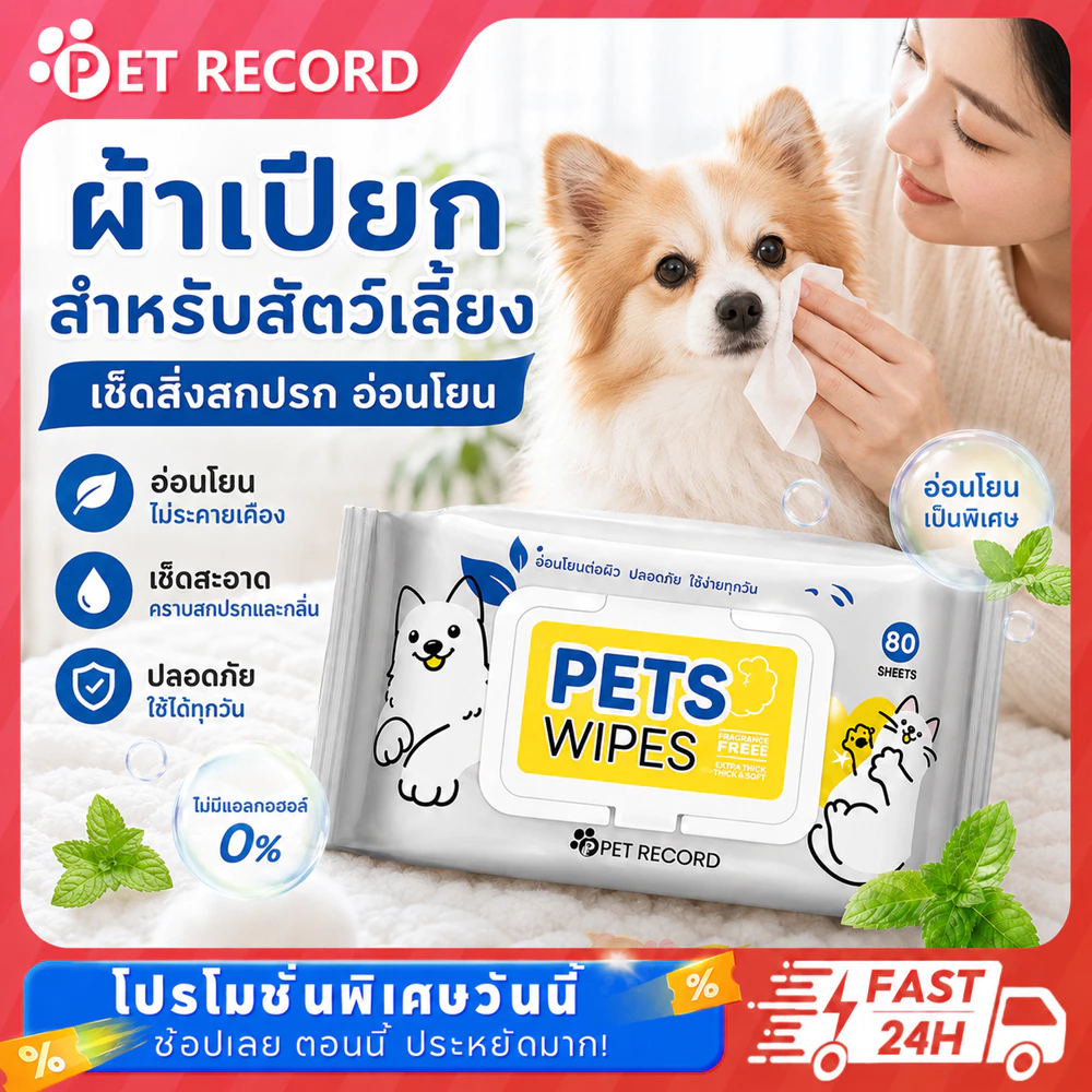 Pet Record ผ้าเช็ดทำความสะอาดสัตว์เลี้ยง 80 แผ่น สุนัขและแมว ปลอดภัย สำหรับเช็ดสัต ว์เลี้ยง