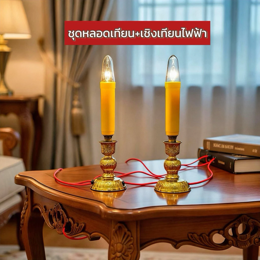 เชิงเทียนไฟฟ้า หลอดเทียนไฟฟ้า เสริมสิริมงคล หลอดแดง-เหลือง สำหรับตั้งหิ้งพระ โต๊ะหมู่บูชา ปลอดมลพิษ — ของมงคลหมวดพิธีและความเชื่อ