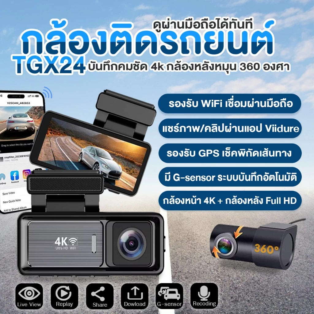 TGX-24 กล้องติดรถยนต์หน้า-หลัง 4K + 1080P WiFi GPS Replay ดูย้อนหลัง G-Sensor Loop Recording