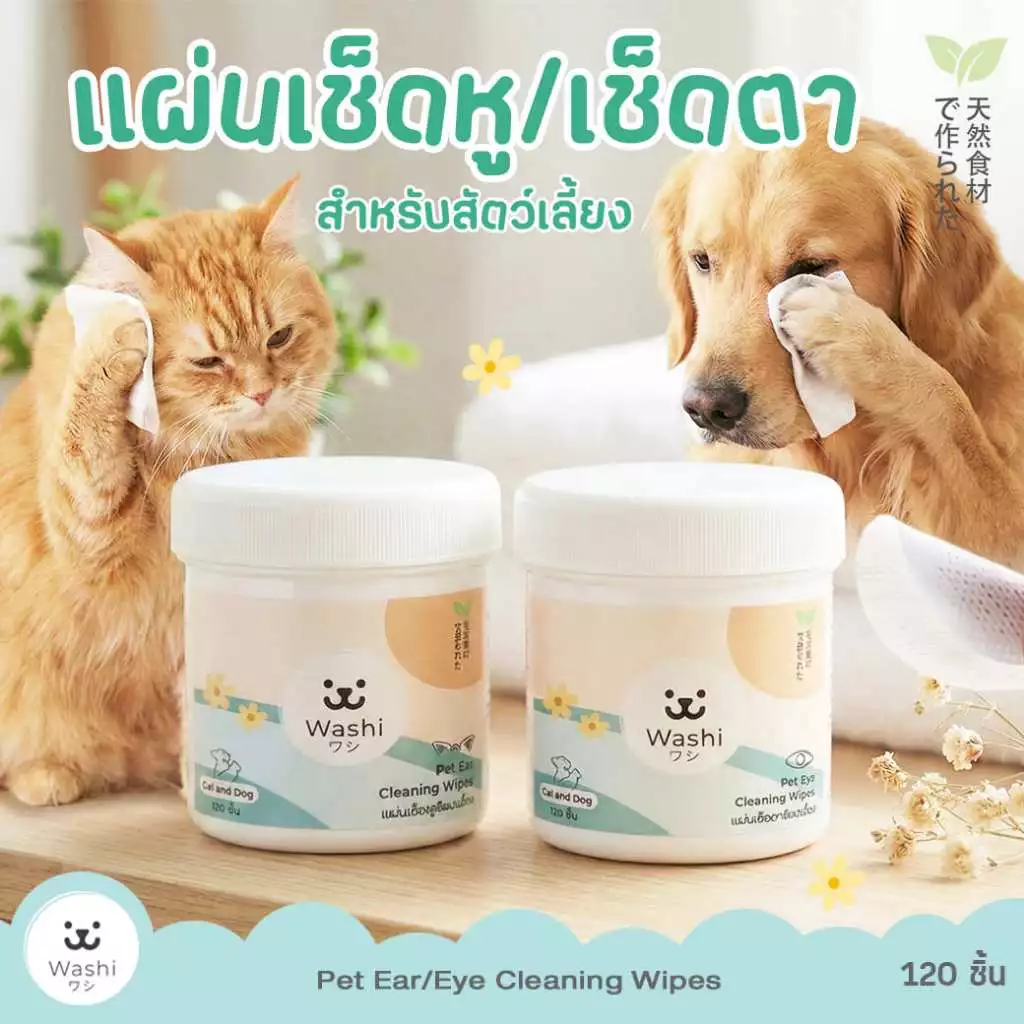 Washiワシ แผ่นเช็ดตาและหูสัตว์เลี้ยง 120 แผ่น สำหรับสุนัขและแมว เช็ดคราบน้ำตา ขี้ตา คราบหู สูตรไม่มีแอลกอฮอล์