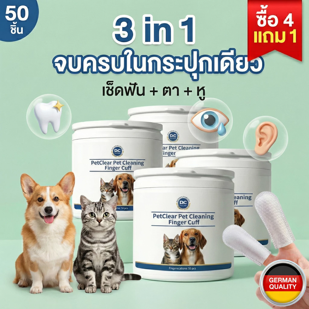 PetClear ผ้าเปียกสวมนิ้ว 3in1 เช็ดฟัน/หู/ตา สำหรับสัตว์เลี้ยง ใช้ง่าย ลดคราบพลัค สะอาดลึก (50 แผ่น) — ของมงคลหมวดบ้านและฮวงจุ้ย