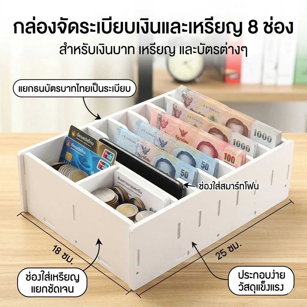 กล่องจัดระเบียบเงิน ถาดแบ่งธนบัตร 8ช่อง ปรับได้ กันน้ำ สำหรับร้านค้า โต๊ะขาย ใส่ลิ้นชักเงิน — ของมงคลหมวดการเงินและโชคลาภ