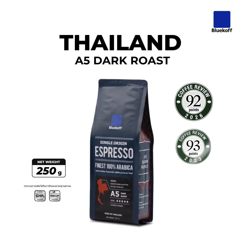 Bluekoff A5 เมล็ดกาแฟ ไทย อราบิก้า 100% Premium เกรด A คั่วเข้ม (Dark Roast) บรรจุ 250 กรัม