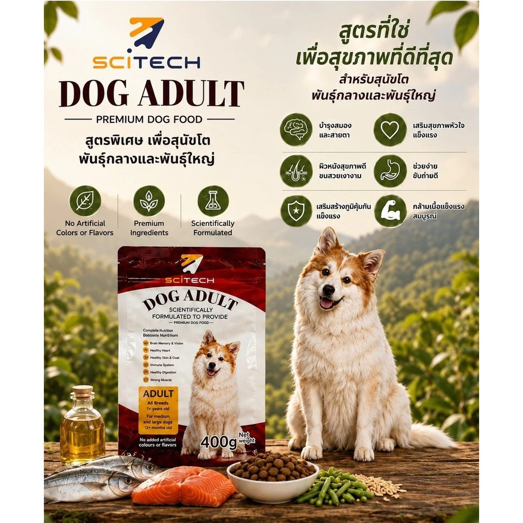 SCITECH DOG ADULT 400g สําหรับสุนัขพันธ์กลางอายุ 12 เดือนขึ้นไป เเละสุนัขพันธ์ใหญ่อายุ 15 เดือนขึ้นไป