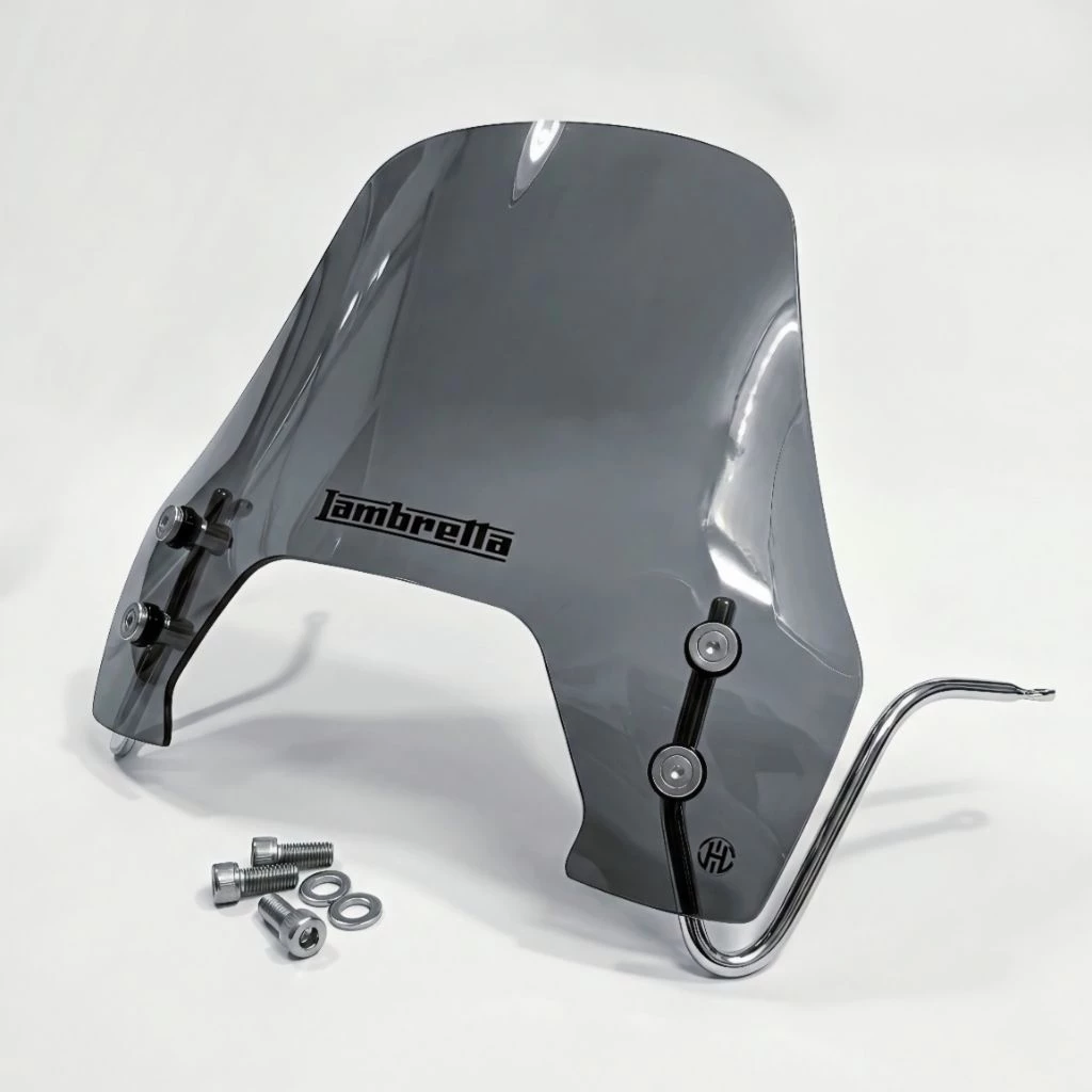 HTชิวหน้า ชิวบังลม Lambretta X300 X200 ขาสแตนเลสขนาด10mm.ยึดบนไม่ต้องเจาะ กระจกหนา3.3และ3.5mm(แถมสกรูยึดรูกระจกทุกชุด)