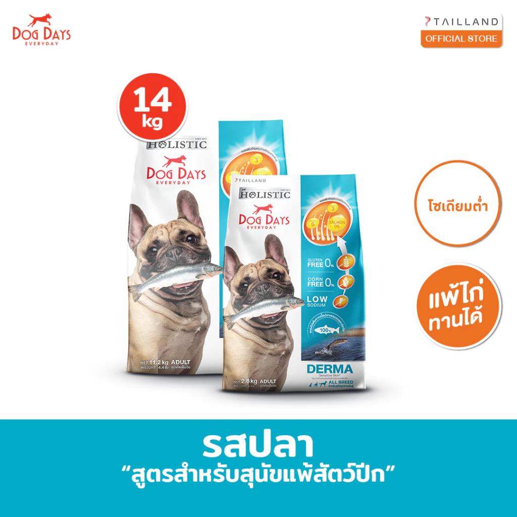 Dog Days อาหารสุนัขรสปลา (14 kg) Derma เกรด Holistic สูตรสำหรับแพ้ไก่โดยเฉพาะ โซเดียมต่ำ