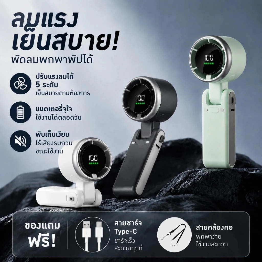 พัดลมพกพา N607 พัดลมพับได้ 180° USB 3in1