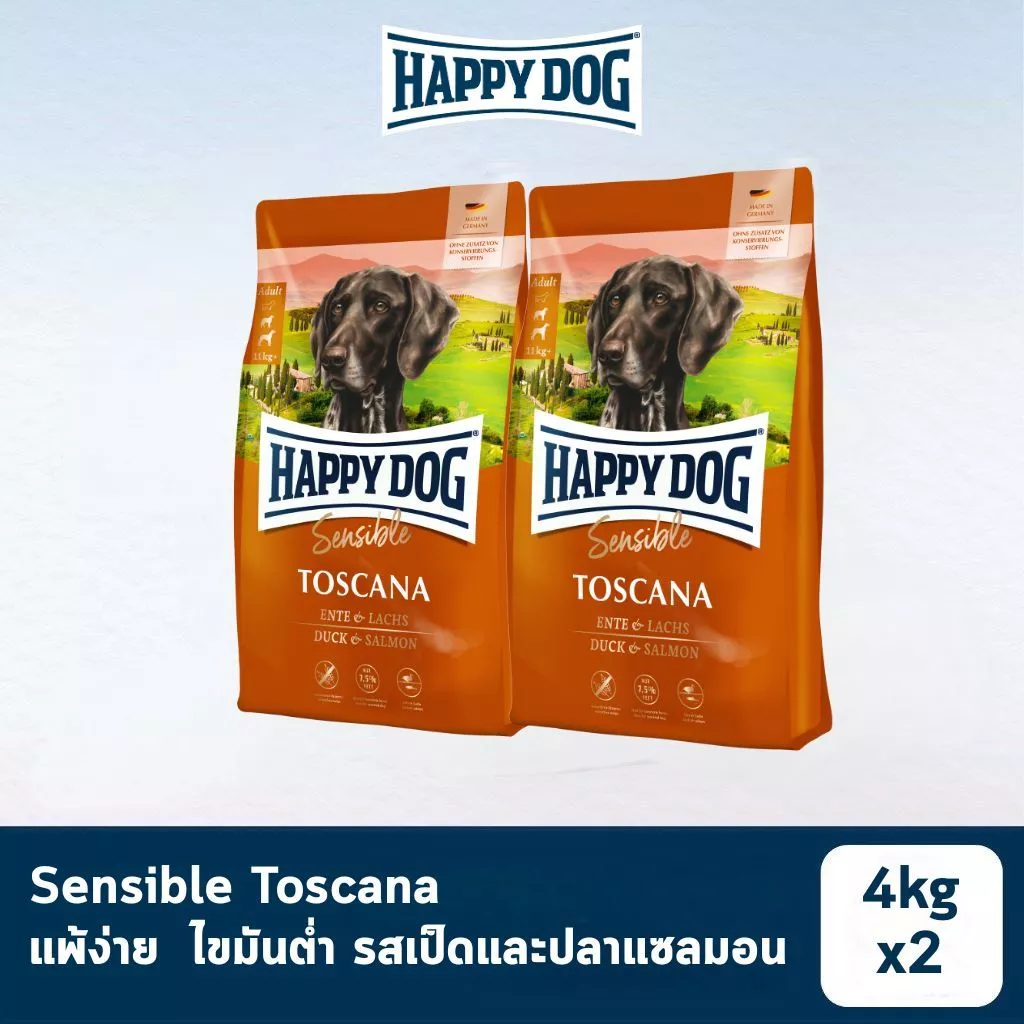 HAPPY DOG Sensible Toscana แฮปปี้ ด็อก อาหารสุนัขโต สูตรเนื้อเป็ดและปลาแซลมอน 4 Kgx2