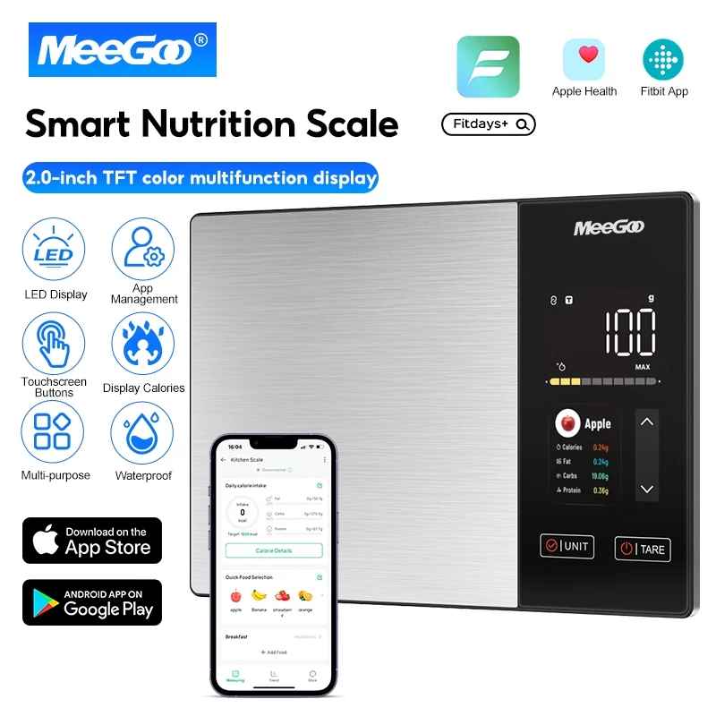 MeeGoo เครื่องชั่งดิจิตอลในครั Smart Kitchen Scale เครื่องชั่งอาหาร แสดงแคลอรี่/โปรตีน จอLED Fitdays