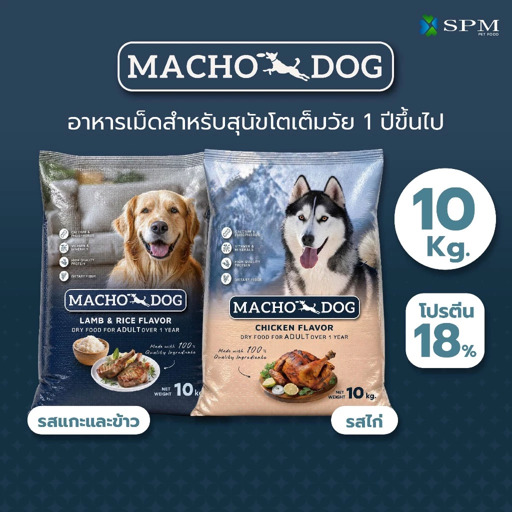 [กระสอบ10kg.] อาหารเม็ดสุนัข Macho Dog มาโช ด็อก สำหรับสุนัขโต 1 ปีขึ้นไปขนาด 10 Kg. มีให้เลือก 2 รส