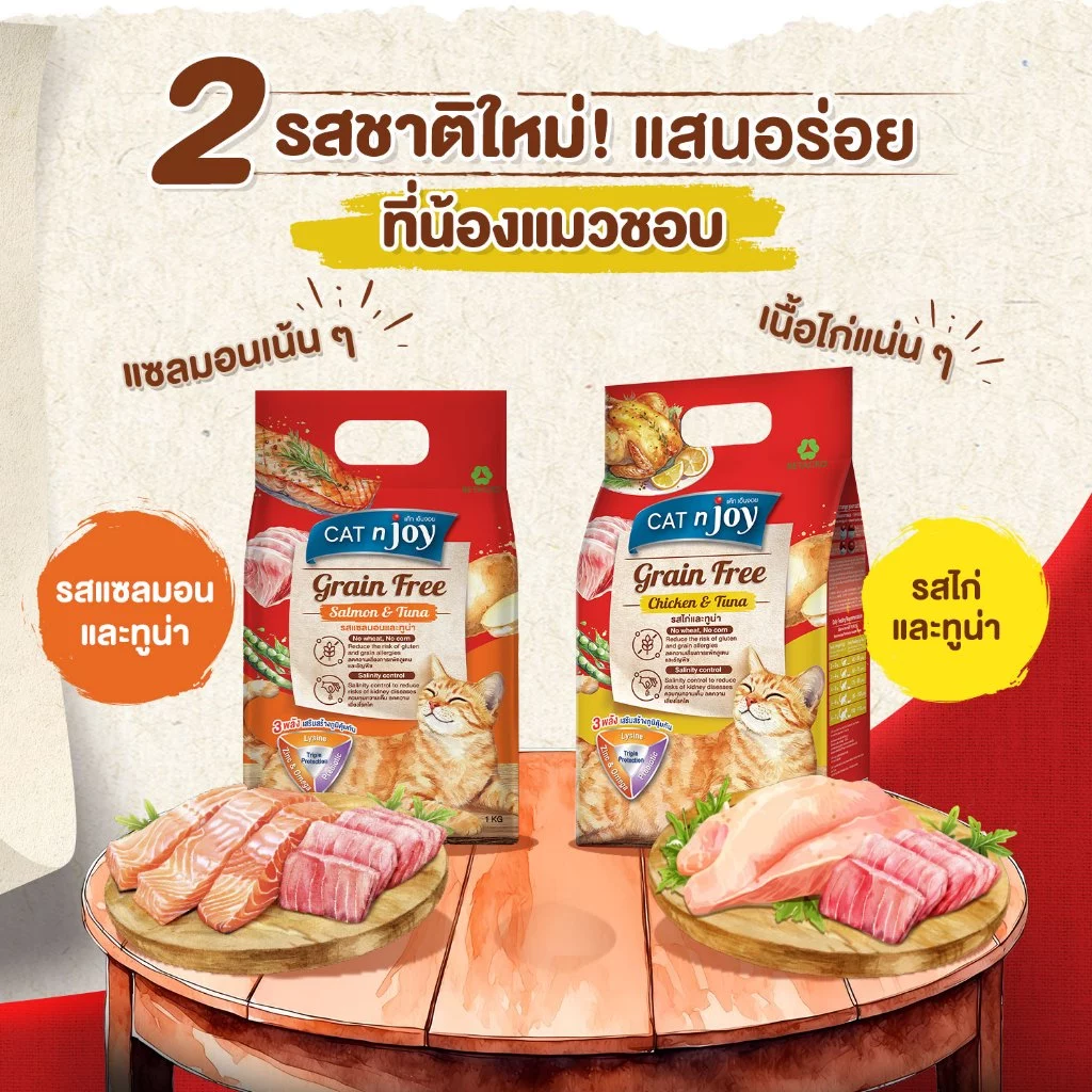 Cat n Joy grain free cat food แคทเอ็นจอย อาหารเม็ดแมวเกรนฟรี สำหรับแมวโต ทุกสายพันธุ์ 1Kg.