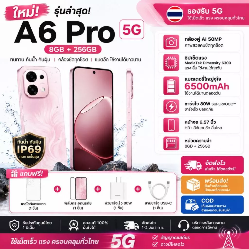 🔥OPPO🔥 A6 Pro 5G (8+256GB) โทรศัพท์มือถือ 5G, RAM 8GB, ROM 256GB, แบตเตอรี่ 6500mAh, ชาร์จเร็ว ใหม่เอี่ยม