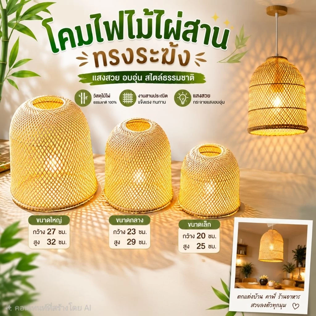 โคมไฟสานไม้ไผ่ โคมไฟแขวน ทรงระฆัง โคมไฟแต่งบ้าน โคมไฟคาเฟ่ โคมไฟสานมินิมอล — ของมงคลหมวดบ้านและฮวงจุ้ย