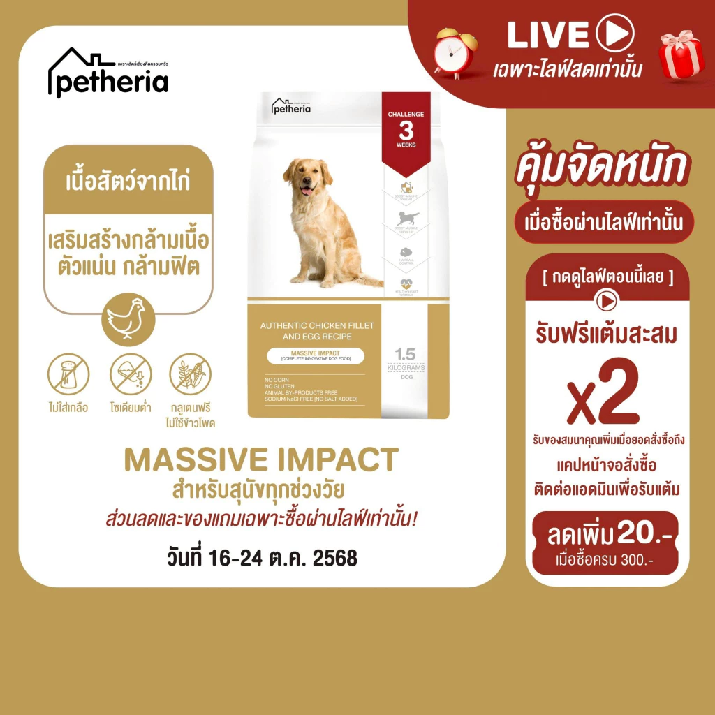 petheria Innovation Dog Food [MASSIVE IMPACT] [No Corn & Gluten Free] [สุนัขทุกช่วงวัย] 1.5 KG [ DMI ]