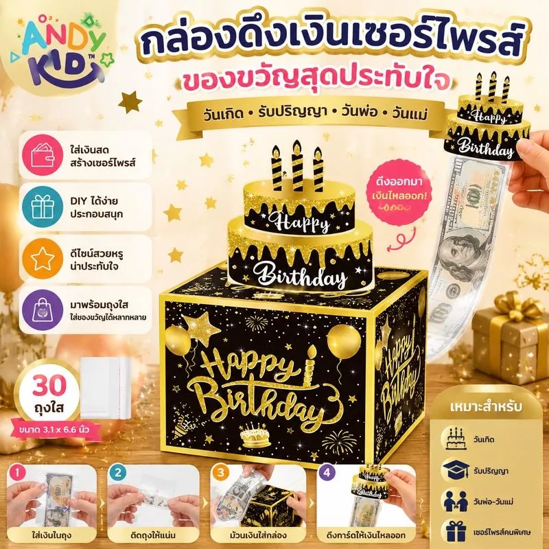 กล่องดึงเงิน กล่องของขวัญวันเกิด วันเกิด รับปริญญา วันแม่ วันพ่อ เซอร์ไพรส์ กล่องดึงเงิน กล่องเงินเซอร์ไพรส์วันเกิด — ของมงคลหมวดการงานและธุรกิจ