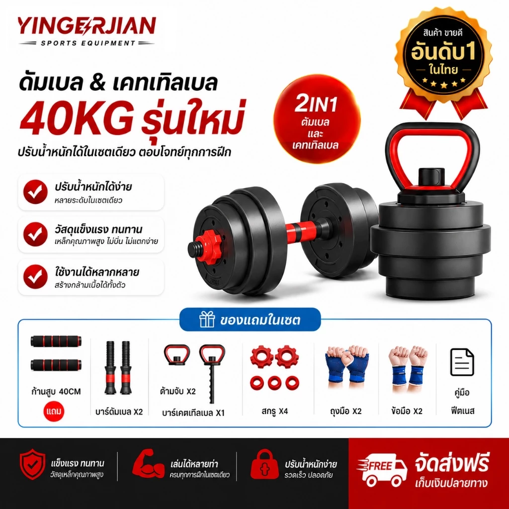 YINGERJIAN ดัมเบล 10-40 กิโล ชุดดัมเบลพร้อมบาร์เบล ออกกำลังกาย Adjustable Dumbbell and Barbell ยกน้ำหนัก สร้างกล้ามเนื้อ