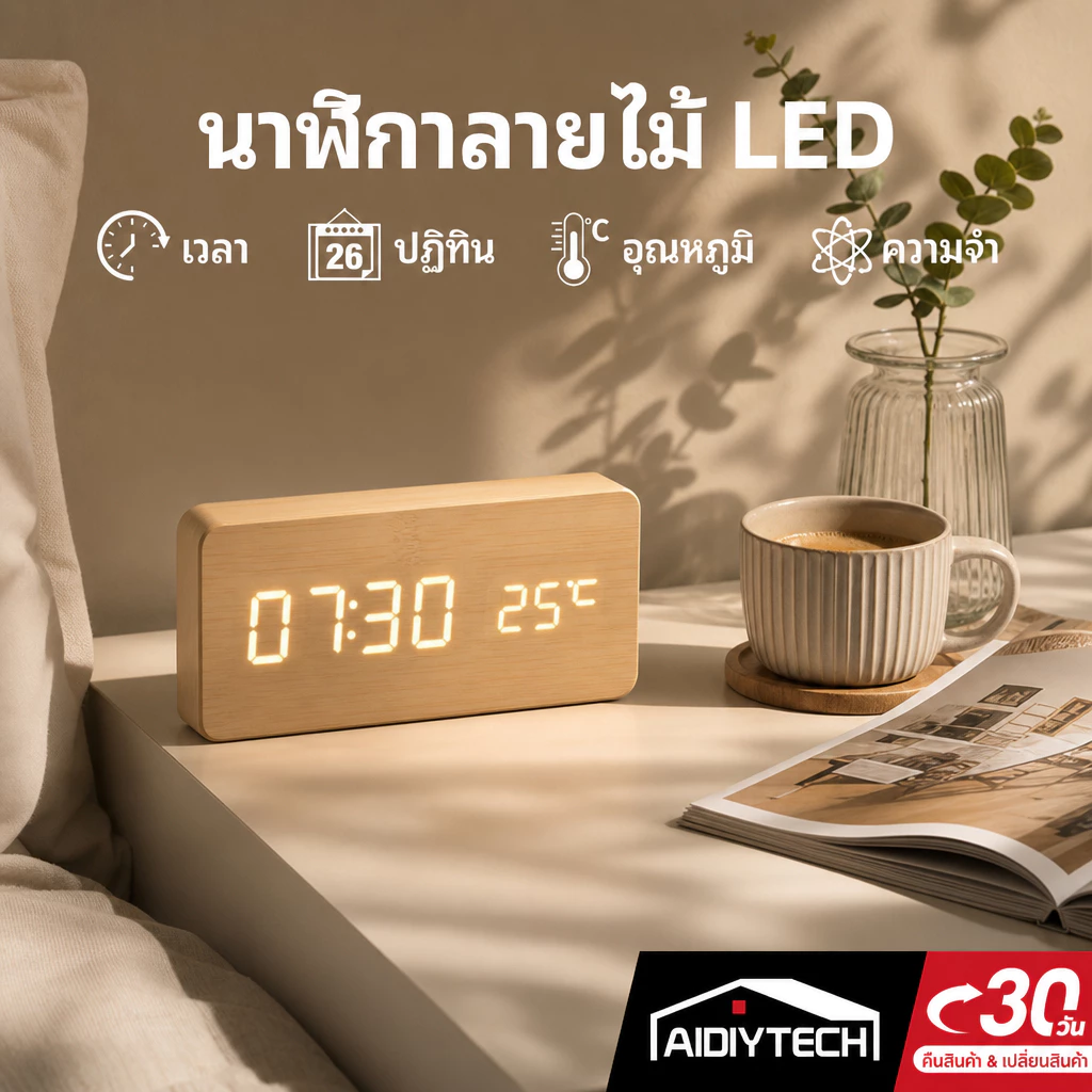 นาฬิกาตั้งโต๊ะดิจิตอล ลายไม้ LED ควบคุมด้วยเสียง