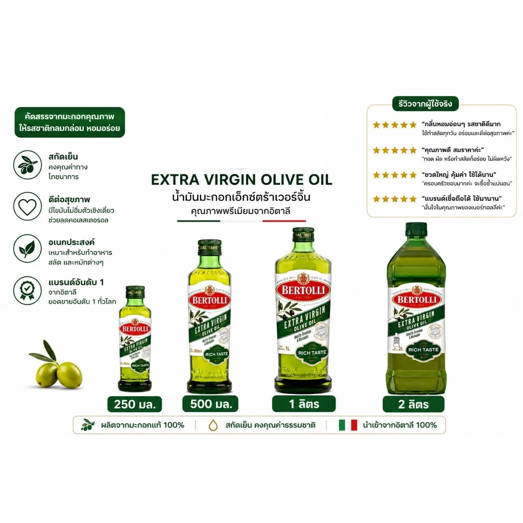 ถูกที่สุด Bertolli Extra Virgin Olive Oil  เบอร์ทอลลีน้ำมันมะกอกเอ็กซ์ตร้าเวอร์จิ้น
