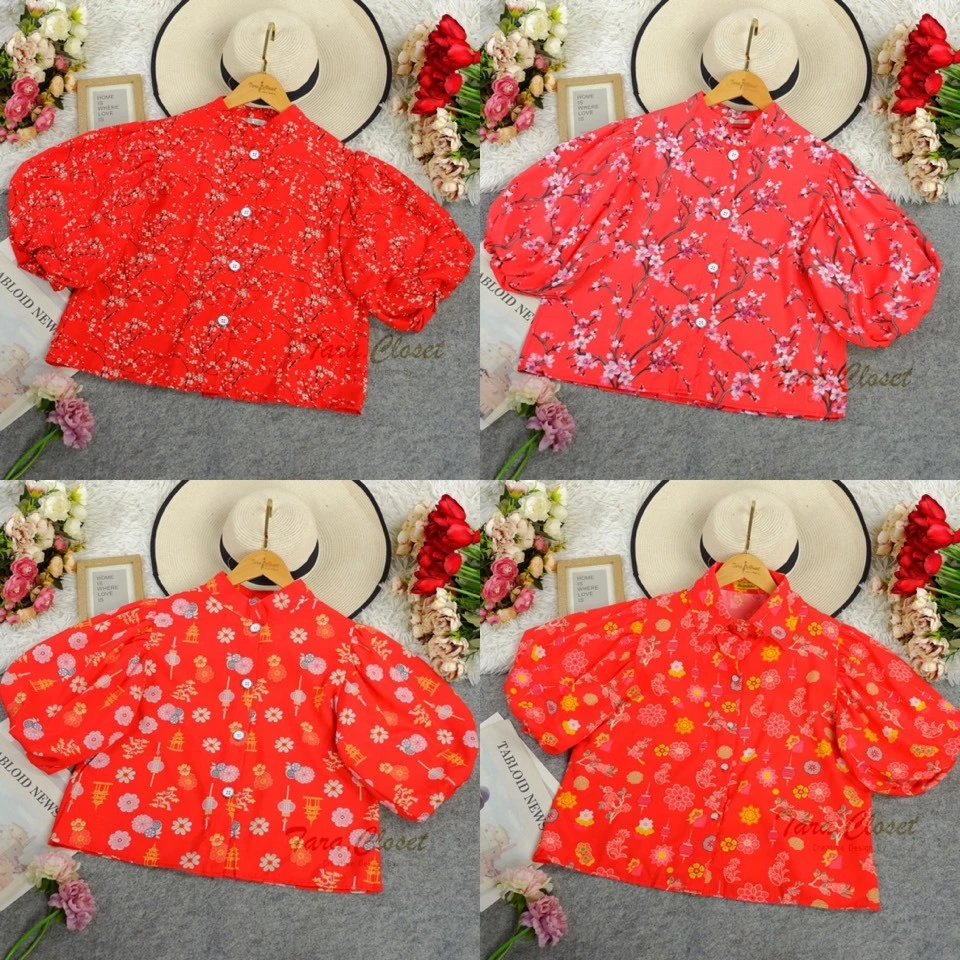 MIX006 TARA RED เสื้อสีแดง เสื้อเชิ้ต แขนพอง พิมพ์ลายกราฟฟิก สำหรับใส่ในเทศกาล คริสต์มาส ปีใหม่ ตรุษจีน เสริมศิริมงคล — ของมงคลหมวดสีมงคล