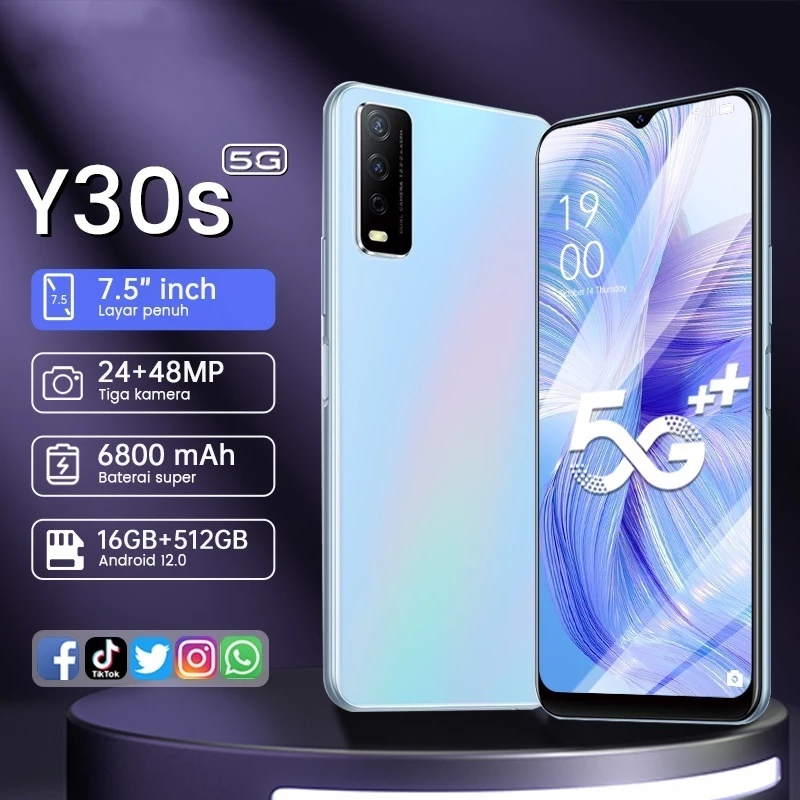 โทรศัพท์มือถือ Y30s 5Gแรม16GB รอม512GBปลดล็อกด้วยใบหน้า 60Hz HD 7.5 นิ้ว 6800mAh รองรับ 2 ซิมการ์ด สมาร์ทโฟน