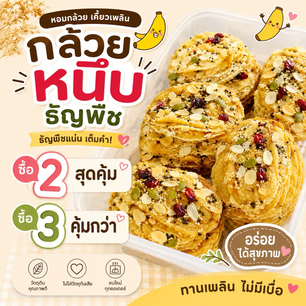 กล้วยหนึบ ธัญพืช ไม่ใส่น้ำตาล หวานธรรมชาติ กล้วยอบแห้ง ขนมคลีน  มีหลายรสชาติ 120g(ผลิตตามออเดอร์ จัดส่งภายใน 7 วัน)
