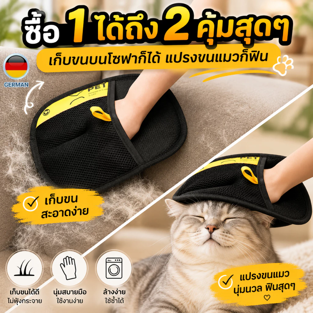 Petclear ถุงมือแปรงขนแมว แปรงขนสุนัข ที่แปรงขนสัตว์เลี้ยง ถุงมือกําจัดขนไฟฟ้าสถิ