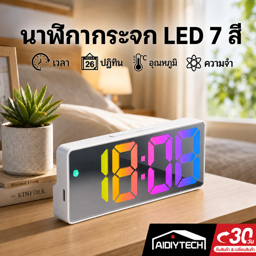 AIDIY นาฬิกาตั้งโต๊ะ LED ดิจิตอล กระจกเงา 7 สี