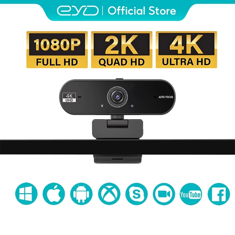 EYD เว็บแคมถ่ายทอดสด Full HD 2K โฟกัสอัตโนมัติรวดเร็ว 5MP ไมโครโฟนตัดเสียงรบกวนในตัว เว็บแคม USB แบบเสียบและใช้ง PC02