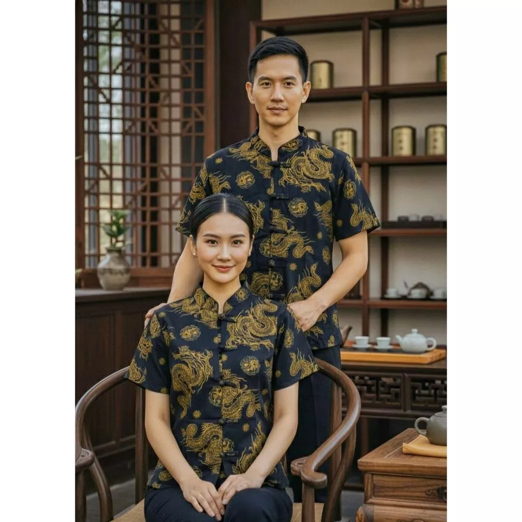 เสื้อตรุษจีนมังกรทองสีดำ ท่านชายและท่านหญิง แขนสั้น เสื้อมงคลตรุษจีน — ของมงคลหมวดสีมงคล