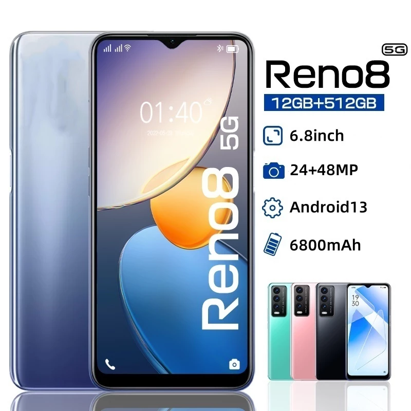 โทรศัพท์มือถือ Reno8 6.8นิ้วหน้าจอเต็ม แรม12GB รอม512GB รองรับแอพธนาคาร รองรับ 2 ซิมการ์ด 6800mAh โทรศัพท์ถูกๆ