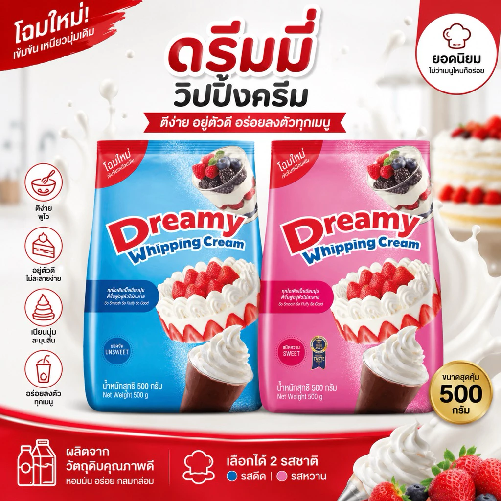 Dreamy whipping cream วิปปิ้งครีมชนิดผง ดรีมมี่ 500 กรัม ตีขึ้นฟูง่าย รสหวานและจืด