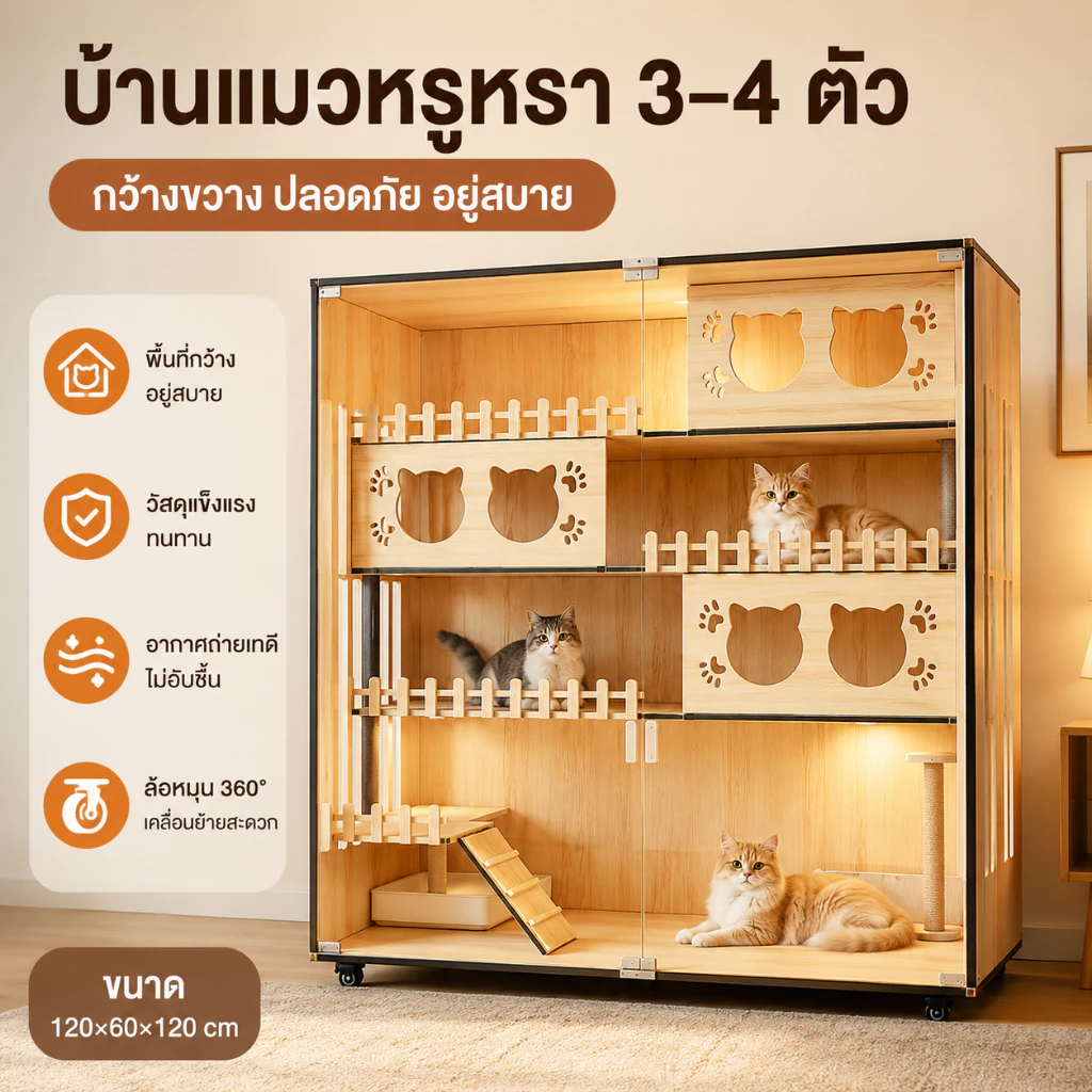F&G วิลล่าแมว Cat Villa บ้านแมว กรงแมว ไม้เนื้อแข็ง  วิลล่าแมวขนาดใหญ แยกพื้นที่ส่วนตัว มีไฟLED มีประตูด้านข้าง