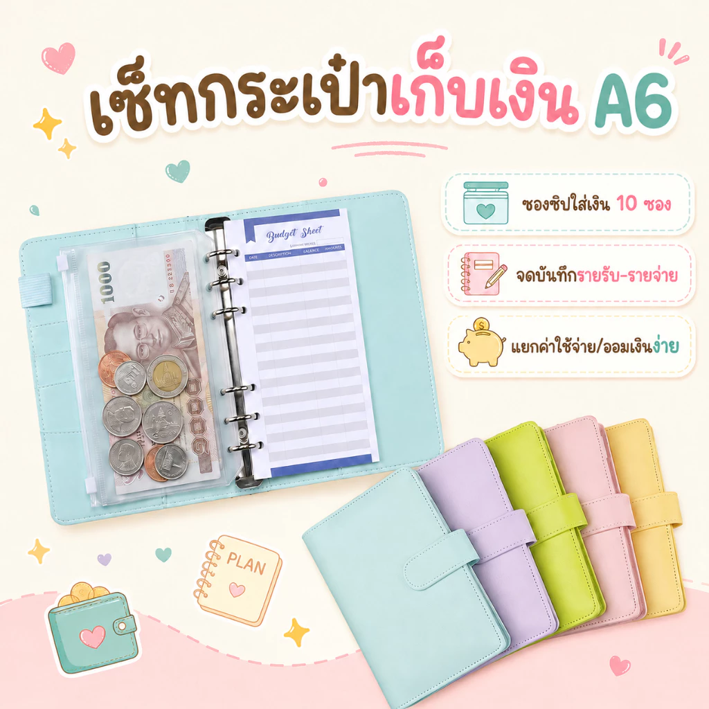 เซ็ทกระเป๋าเก็บเงิน A6 สมุดบัญชีรายรับรายจ่าย พร้อมซองซิปใส่เงินและกระดาษจดบันทึกค่าใช้จ่าย — ของมงคลหมวดการเงินและโชคลาภ
