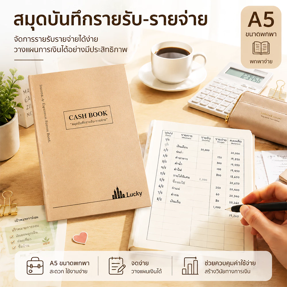 สมุดบันทึกรายรับรายจ่าย Cash Book A5 สมุดบัญชีรายรับรายจ่าย บันทึกค่าใช้จ่าย วางแผนการเงิน สมุดจดบัญชี เย็บเล่มแข็งแรง — ของมงคลหมวดการเงินและโชคลาภ