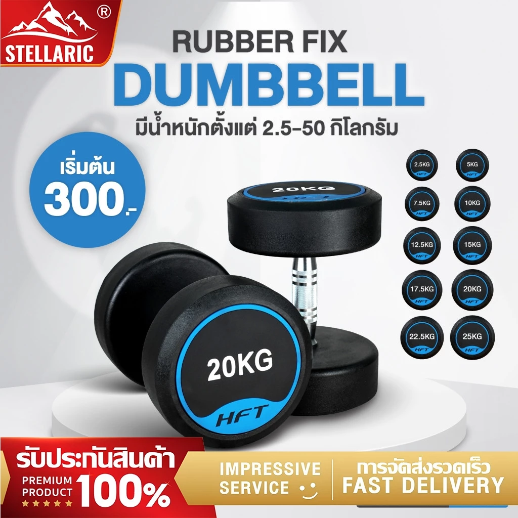 ดัมเบลยาง HFT 2.5-12.5kg เกรดยิม ดัมเบล แบบกลม ดัมเบลออกกำลังกาย ดัมเบลเกรดฟิตเนส Fixed Dumbbell - Homefittools