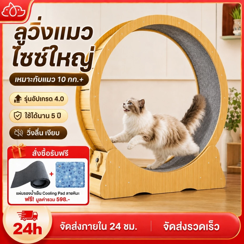 ลู่วิ่งแมว ออกกำลังกาย ขนาดใหญ่ ที่ออกกำลังกายสัตว์เลี้ยง Pet treadmill Cat toys ล้อวิ่งไม้ ติดตั้งง่าย 4.0