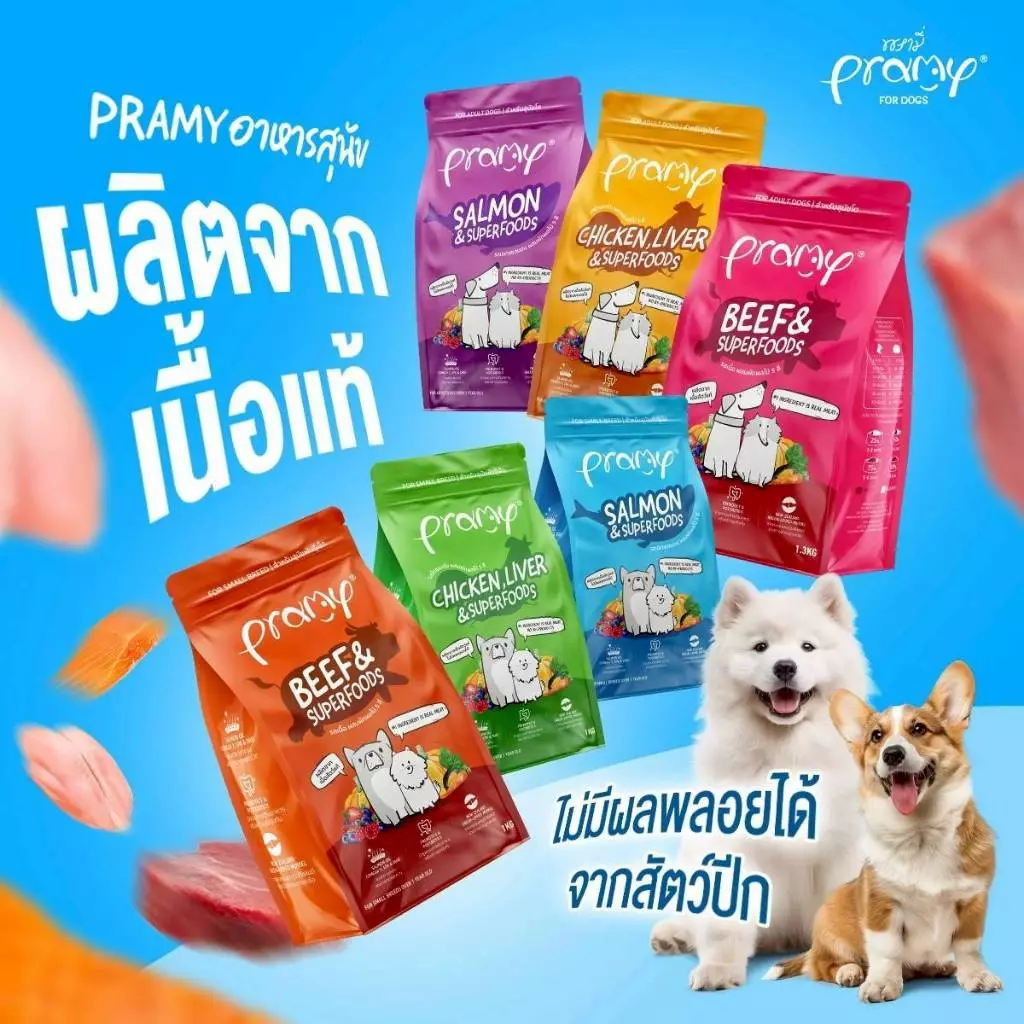 Pramy อาหารเม็ดสุนัขพรามี่ สูตรเน้นเนื้อแท้ โปรตีนสูง เสริมสร้างสุขภาพแบบรอบด้าน ขนาด 1kg - 1.3kg pramy dog